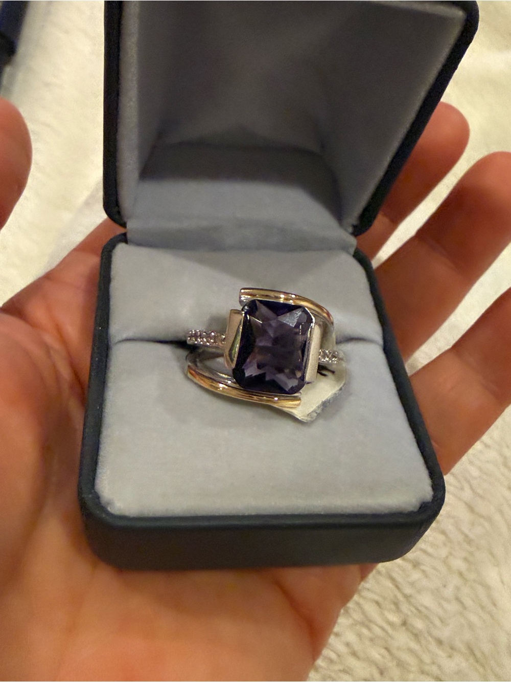 Silver 925 &18K gold  Ring with Deep Purple Square Gemstone size 8